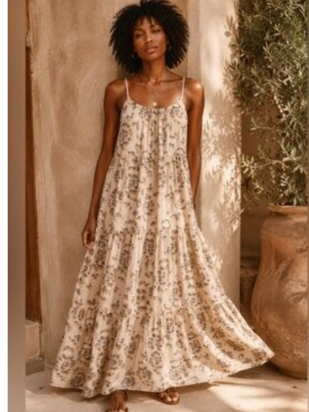 Elena Baldi blush pink/cream silk and viscose blend crinkle tiered maxi dress